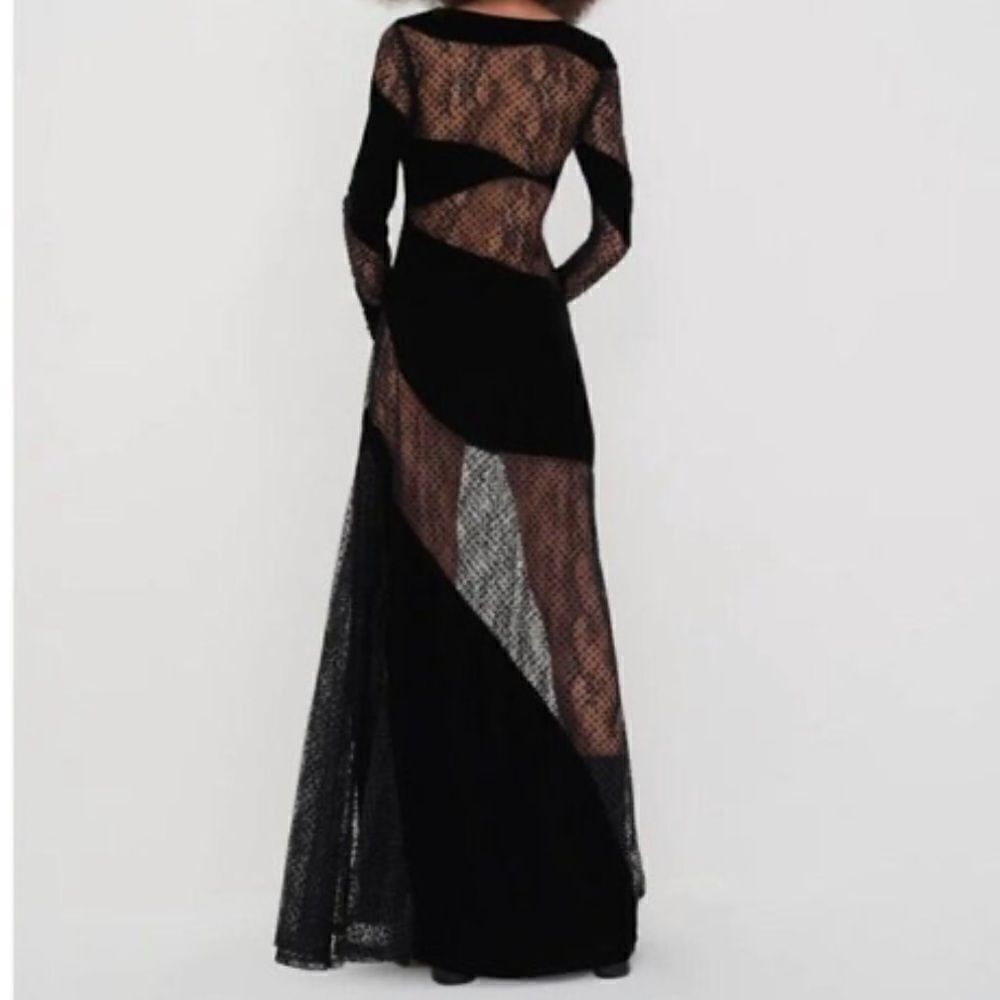 For Love & Lemons Carolyn Maxi Black Velvet Wavy Flocked Dot Lace Panel Dress - Picture 4 of 9